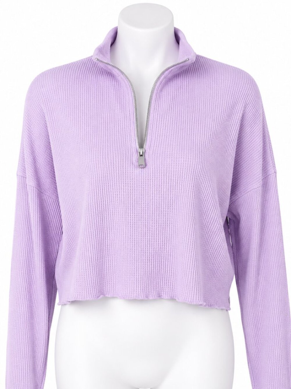 Small Womens Lavender Waffle Knit Cropped Quarter-Zip Pullover Long Sleeve Top